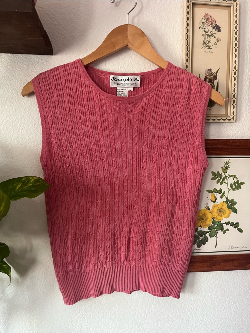 Joseph A. Silk Vintage Pink Cable Knit Sleeveless Sweater Vest - 100% silk